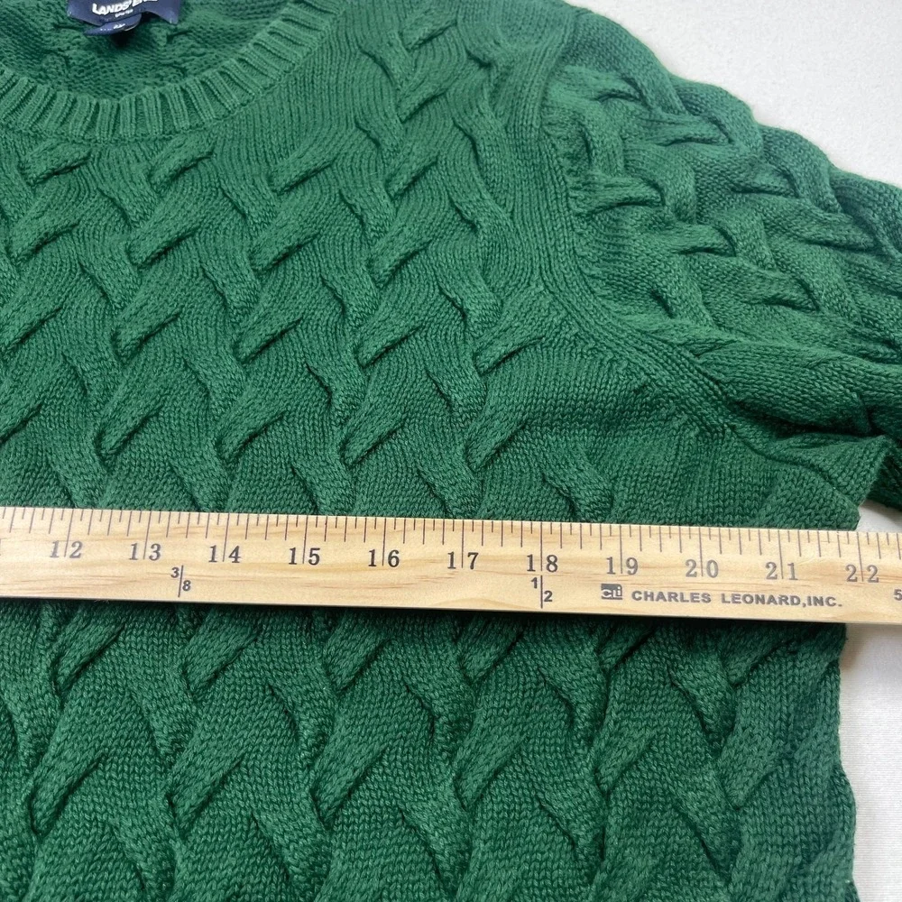 Lands' End Sweater Mens 1X Green Cotton Cable Knit Crewneck Long Sleeve Pullover